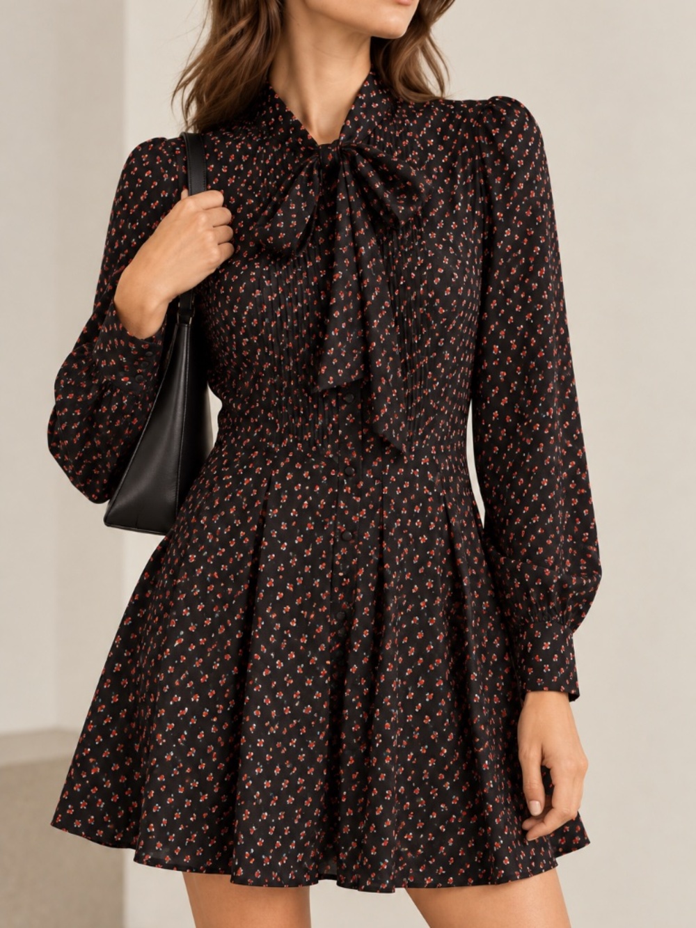 Philosophy Di Lorenzo Serafini Smocked Mini Dress Long Sleeve Neck Tie Black 2